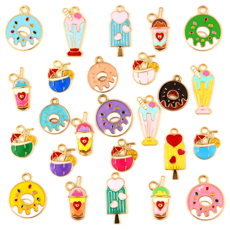 25 Stück Emaille Farbe Donut Milch Tee Getränk Flasche Legierung Anhänger für Damen Ohrringe Schmuck aus Charm Schlüssel bund DIY Accessoires – Detail 1