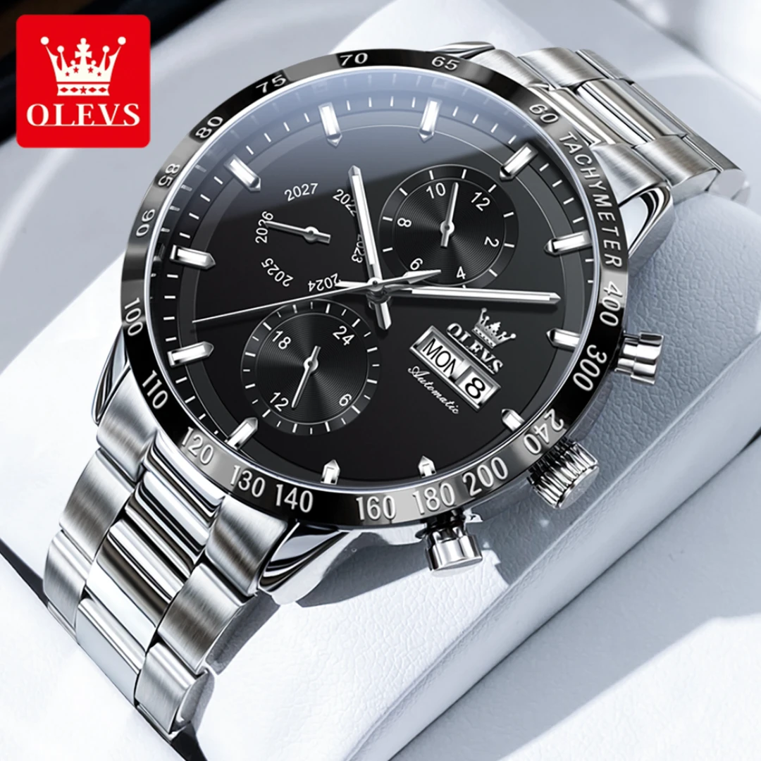 

OLEVS Automatic Mechanical Watches for Men Luxury Silver Stainless Steel Men's Watches Luminous Waterproof Date Week Wristwatch