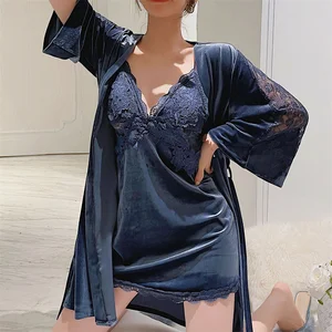 Image for Two Pieces Robe Set Velvet Wedding Suspender Night 