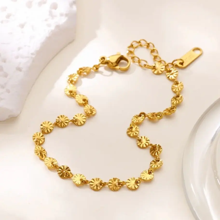 Stainless Steel Bracelets Gold Color Geometric Textured Round Link For Women