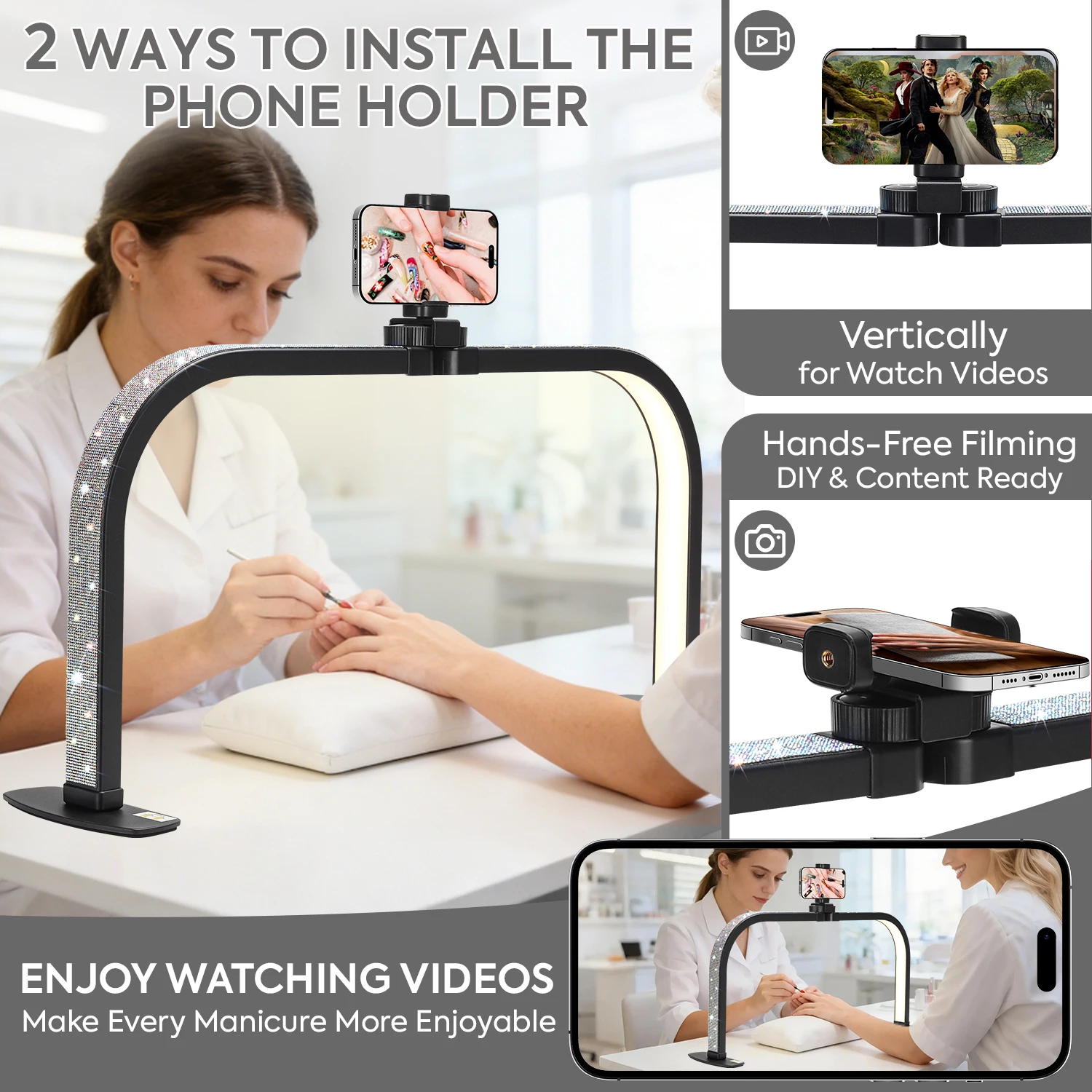 반달 모양 네일 라이트 25인치 접이식 반달 네일 데스크 램프 (휴대폰 거치대 포함) 3가지 색상 모드 10단계 밝기 조절 네일 라이트