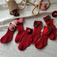 Baby Girls Knee High Socks Kids Cotton Red Big Bow Christmas Sock Solid Woolen Leg Warmers Girl Toddler Soft Socks For 0-3Years 1
