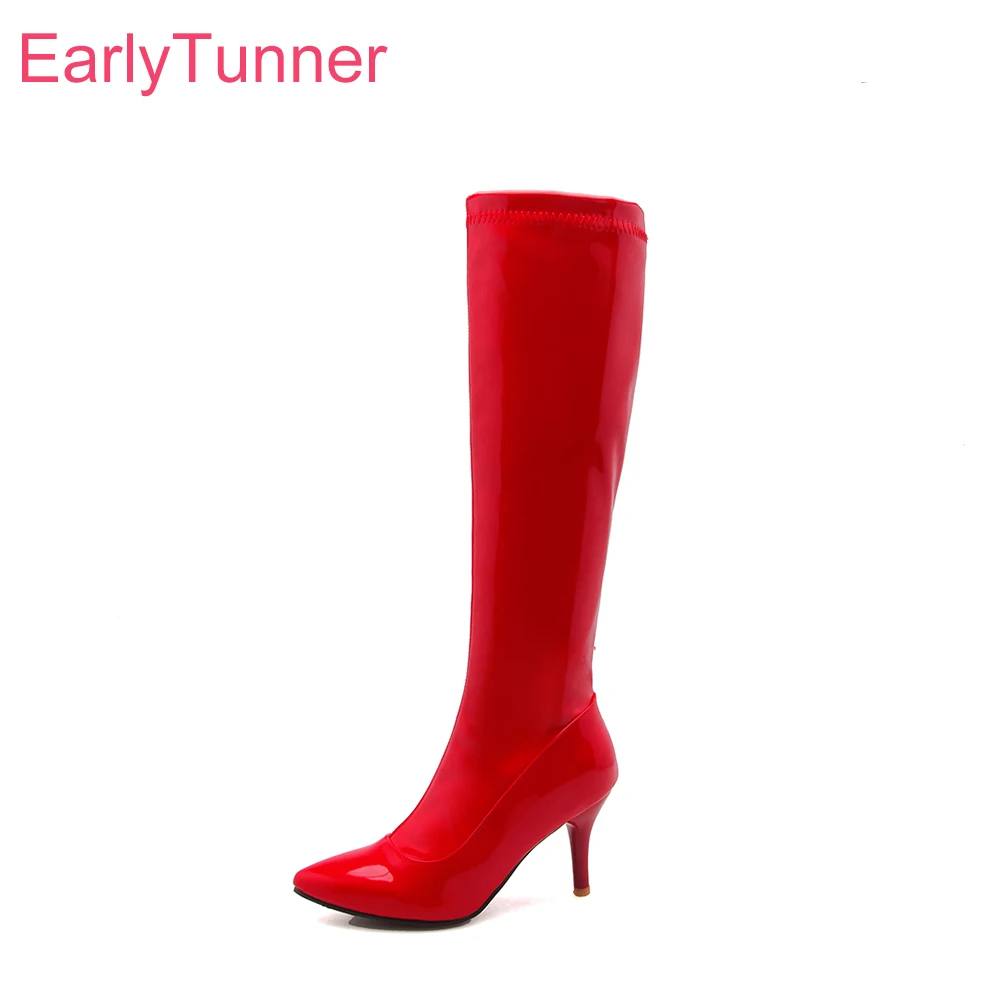 

Brand New Winter Sexy White Red Women Knee High Party Boots High Heels Lady Evening Shoes ES022 Plus Big Size 11 32 43 48