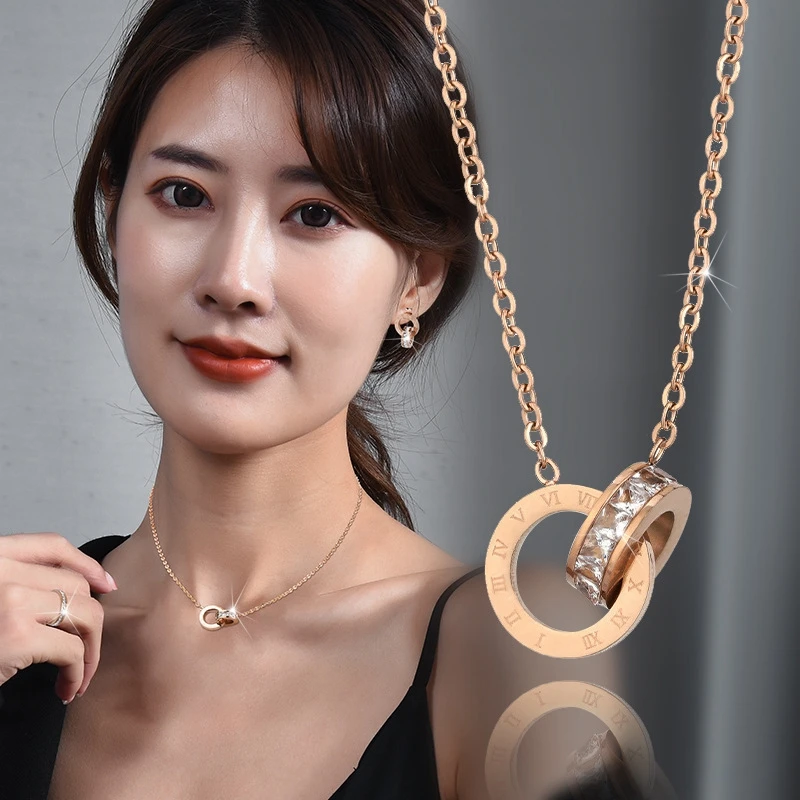 HollowRoundZirconPendantNecklaceChokerRoseGoldColorStainless