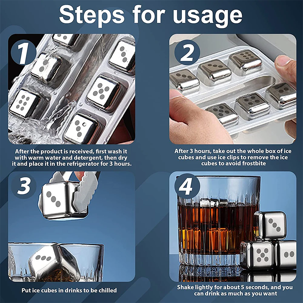 Stainless Steel Dice Ice Cube Whiskey Stones Reusable Ice Cubes for Freezer Storage Tray Metal Wine Drinks Cooler with Clips