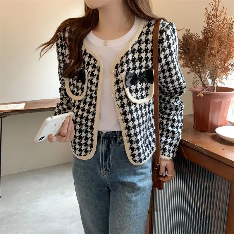 Small Fragrance Wind Jacket 2024 Spring Ladies Korean Style Sense of Design Bow Houndstooth Outwear Loose Versatile Short Top