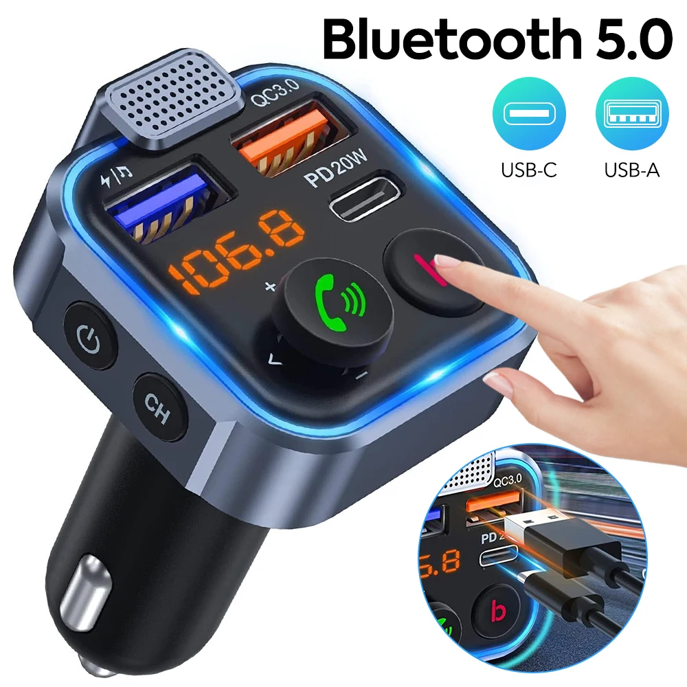 Car Bluetooth FM Transmitter Car Bluetooth5.0 FM Transmitter PD20W Type-C Dual QC 18W Fast Charger Colorful Light Handsfree MP3 Modulator Player Handsfree