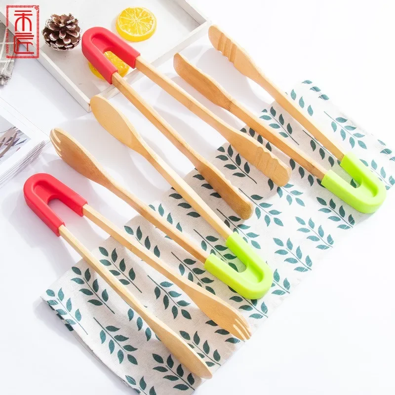 Kitchen Silicone Bamboo Tongs BBQ Grilling Clip Clamp Tong Salad Bread Tongs Eco Friendly Cooking Utensils