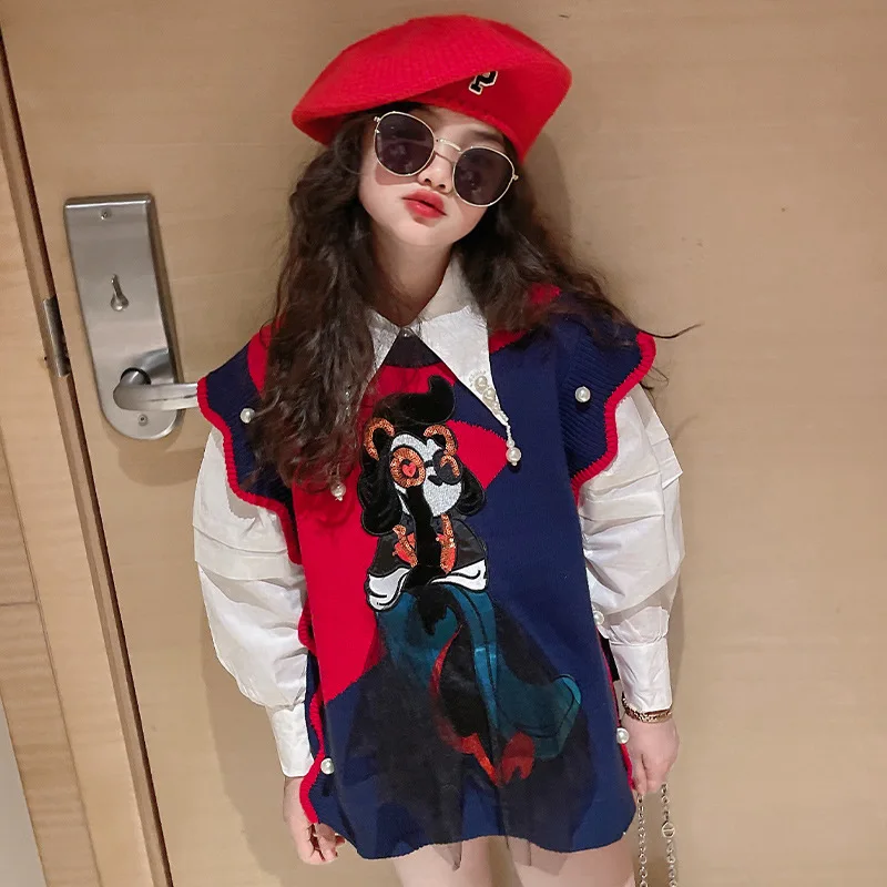 

Kid Girls Clothes Fashion Casual Suit Autumn Shirt + Vest 2pcs New Children's Clothing Cartoon Patchwork Top for Teens 4-12 Yrs