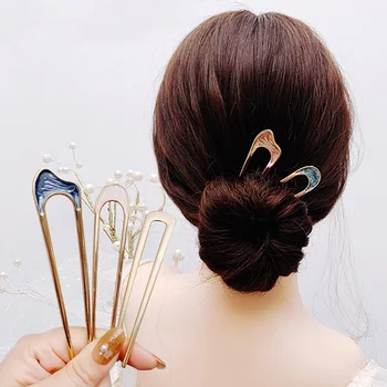 여성용 빈티지 금속 쉘 헤어 스틱, 신부 헤어 클립, 우아한 U자형 포니테일 홀더, 헤어 핀, 포크 스틱, 머리 장식