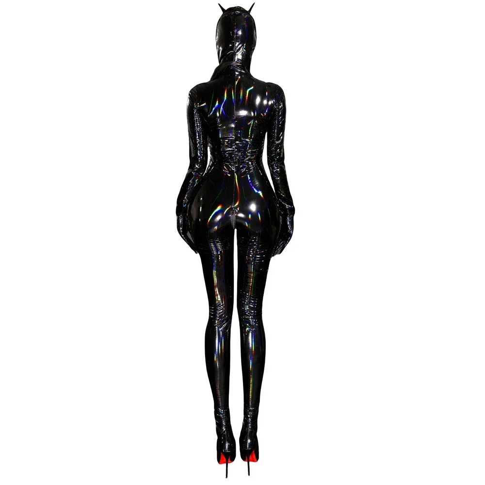 Women Zipper Crotch Jumpsuit Nightclub Dance Party Leotards Shiny PU Leather Bodysuit Sexy Long Sleeve Rompers Cosplay Catsuits 3