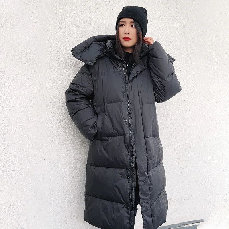 Long length large size down jacket women's new winter fashion version of loose and thick warm hooded white duck  down coat
