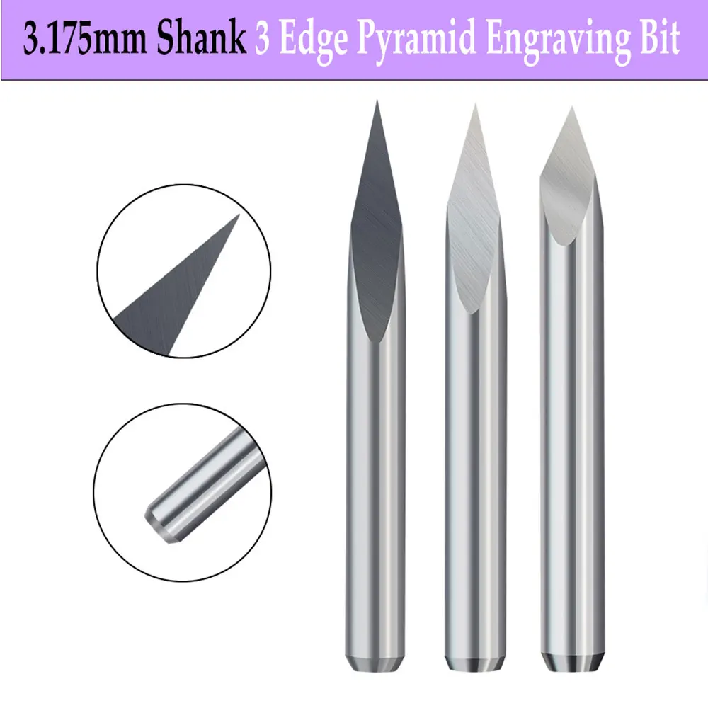 

10Pcs Milling Cutter 3 Edge Pyramid Engraving Bit 3.175mm（1/8）Shank 20/30/45/60/90 Degrees For CNC Router Bit Wood Milling Tool