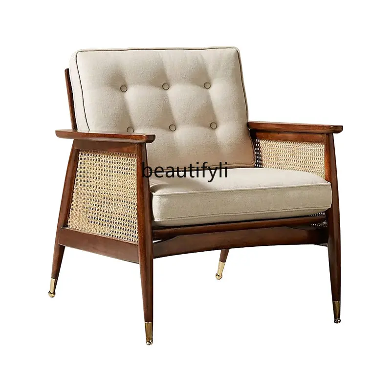 

yj New Chinese Style Solid Wood Rattan Single-Seat Sofa Chair Nordic Retro Living Room Leisure Armchair