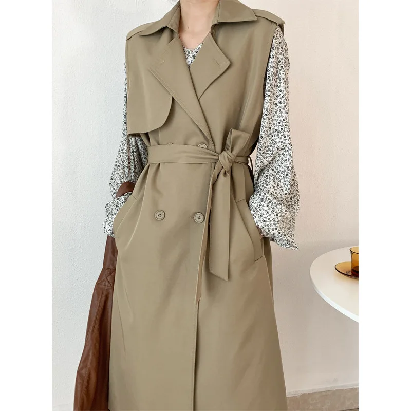 

SuperAen Autumn Windbreaker Vest Women High Waist Simple Long Sleeveless Coat Windbreaker