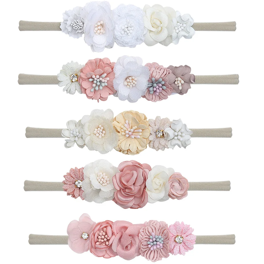 5 Teile/los Künstliche Blume Baby Stirnband Neugeborenen Jungen Mädchen Gefälschte Floral Nylon Haar Bands Prinzessin Strass Haar Zubehör – Detail 7