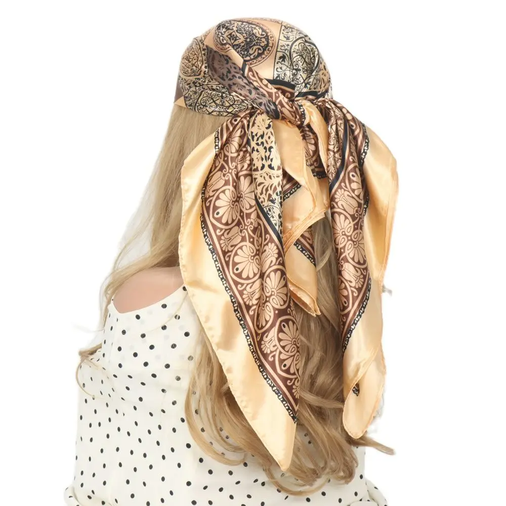 

90*90 Head/Hair Scarf White Gold Square Silk Scarves Women Summer Hijab Multifunctional Vintage Bandana Foulard