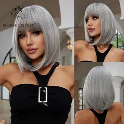 BLONDE UNICORN Blonde Grey Synthetic Wig Natural Short Bob Wig With Bangs Daily Use For Black White Women Cosplay Heat Resistant