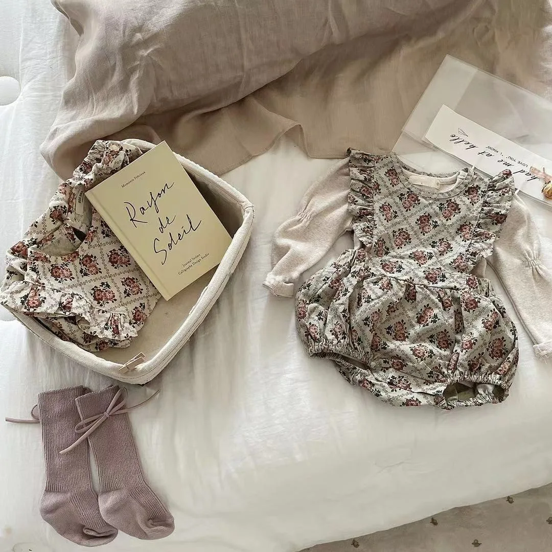 

2707A Newborn Clothes Girl's Bodysuit 2022 Autumn Flower Diamond Flying Sleeve Bib Pant Or Girls Bubble Sleeve Bottoming Shirt