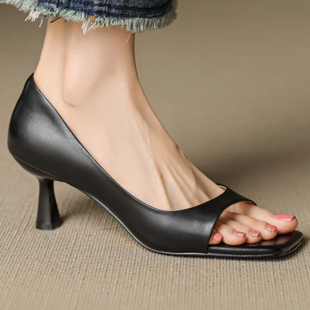 Women's cow leather open toe slip-on pumps elegant ladies 6cm thin high heel summer slim dress heeled sandals shoes for woman 33