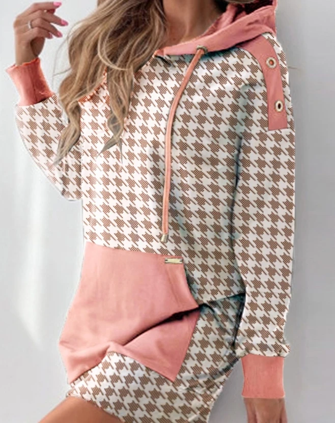 

Dresses for Women 2023 Autumn/winter New Fashion Casual Houndstooth Print Colorblock Drawstring Hooded Sweatshirt Dress