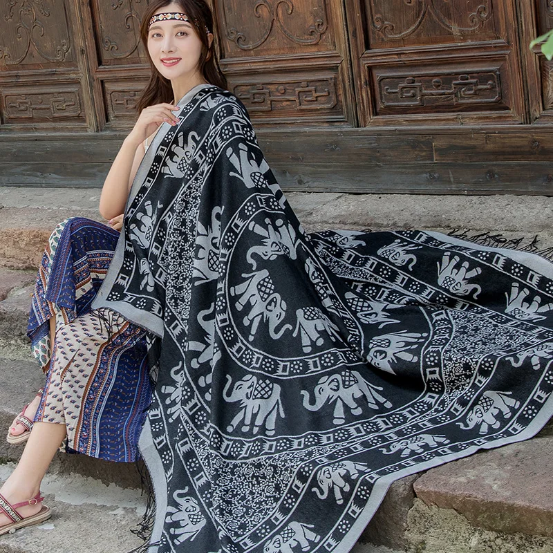 

Winter Women Cashmere Scarf Ethnic Style elephant Print Shawl Luxury Ladies Warm Blanket Scarves National Fringed Foulard