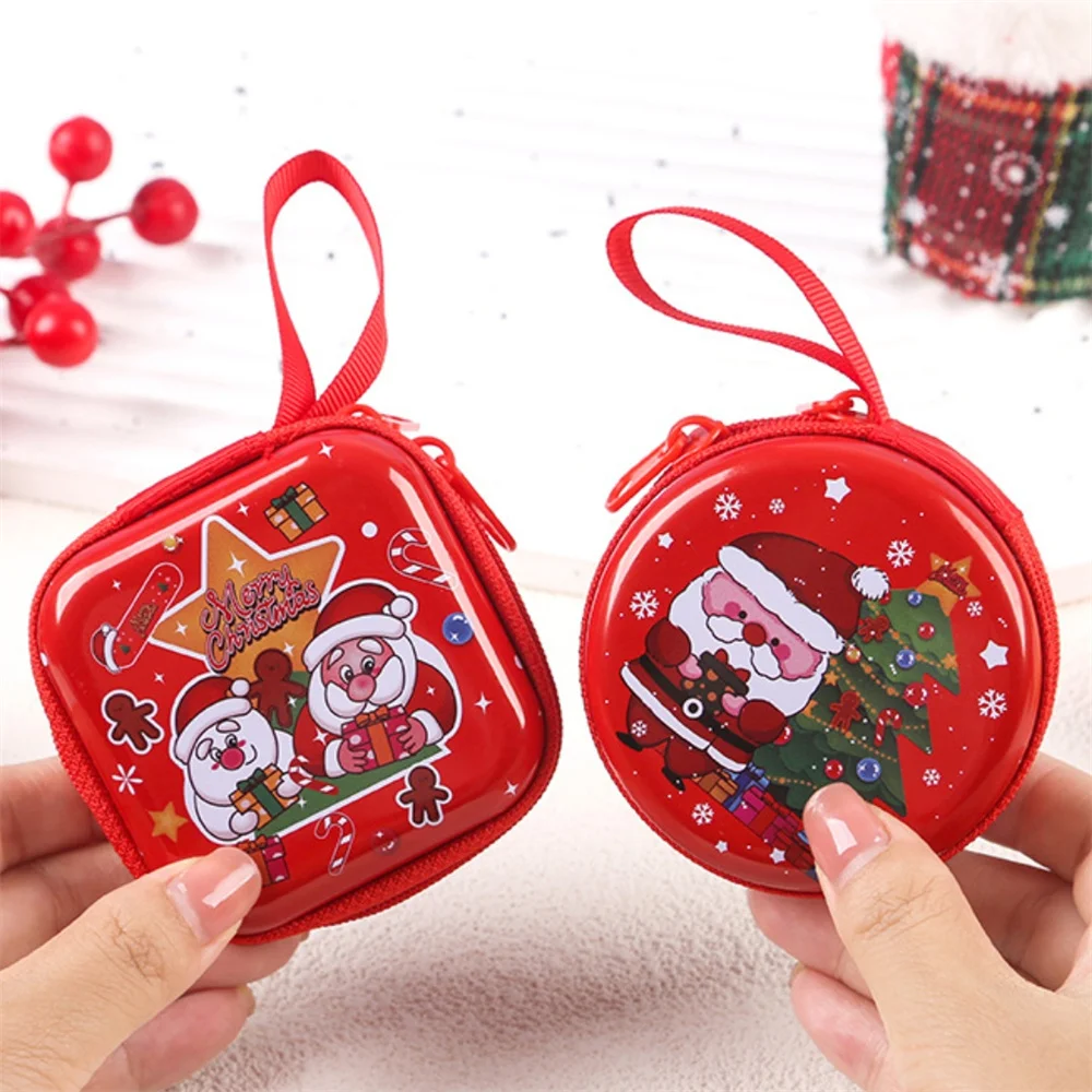 Round Christmas Theme Coin Purse Cute Cartoon Snowman Santa Claus Earphone Case Key Holder New Year's Gift Creative Coin Purse
