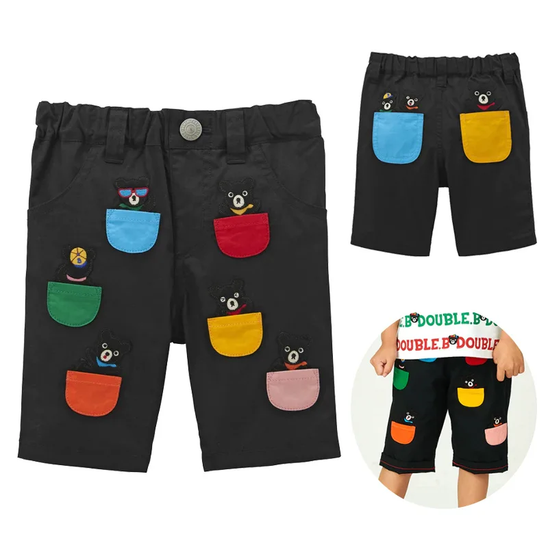 Cropped Pants for Kids Summer New Boys Cartoon Black Bear Embroidery Color Pocket Shorts