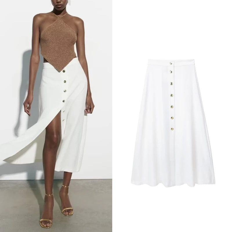 

2023 New Women Unique Gold Button Mid length High Waist Half Skirt Summer Fashion Versatile Trend Front Split Midi Half Skirts