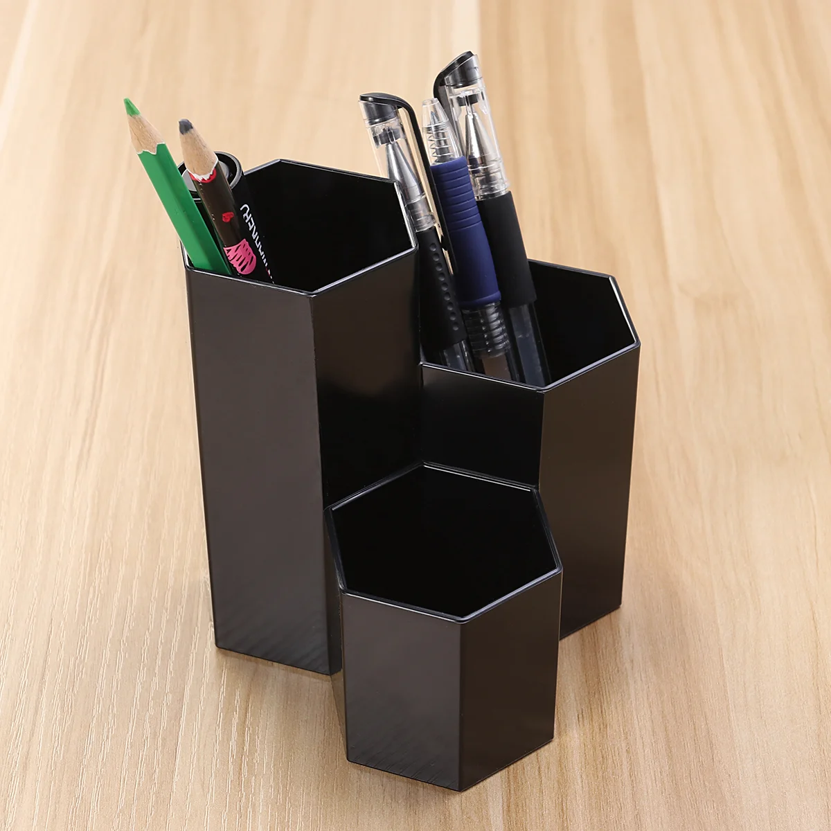 

Pen Holder Hexagon Desk Holder Stand Slot Pen Cup Makeup Pot Box Stationery Organizer for Home Office School Black