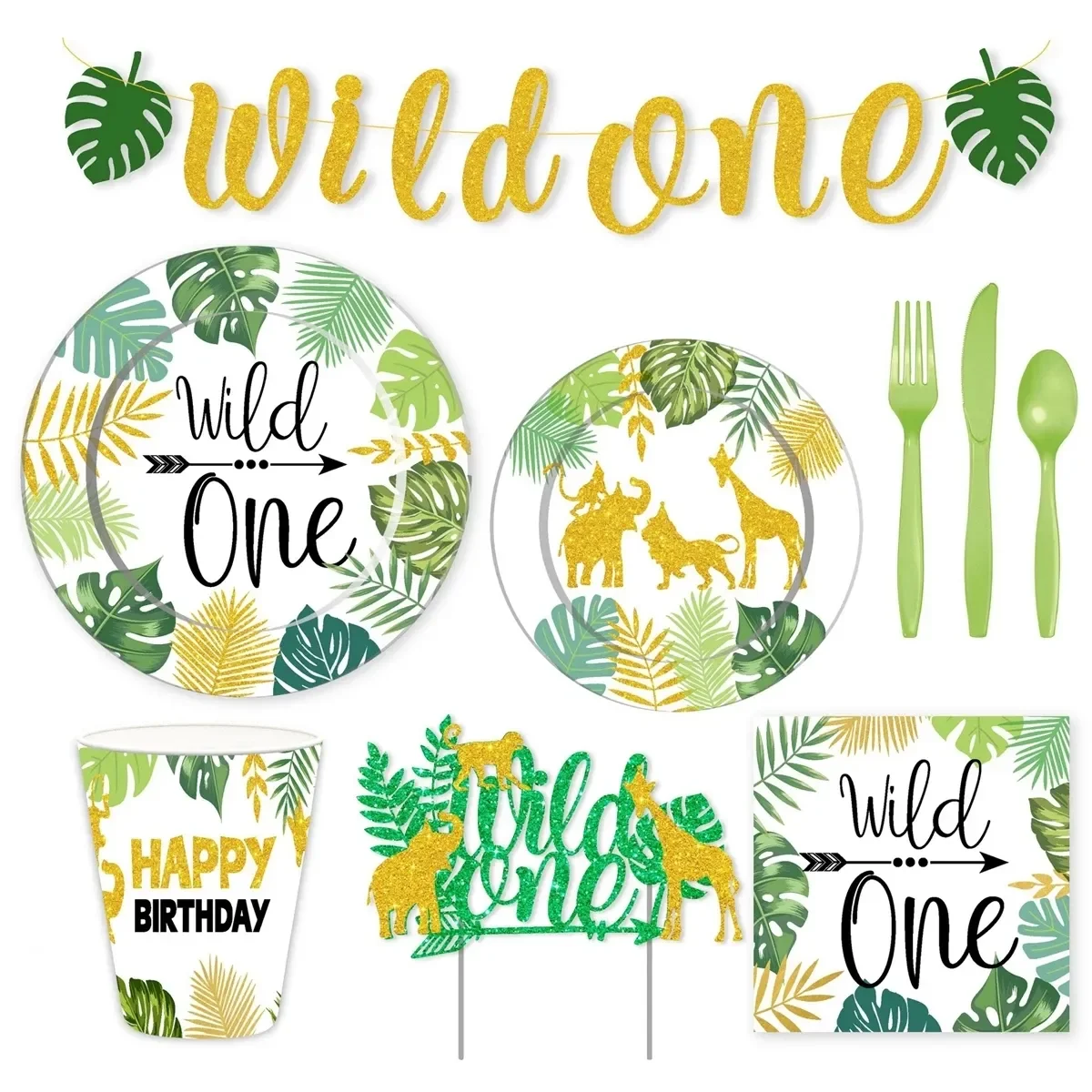 

One Theme Party Decoration Disposable Tableware Jungle Safari Theme Party Baby Shower Happy Birthday Party Decorations Kids