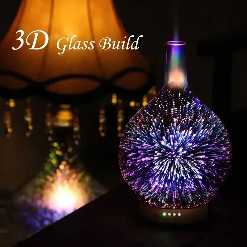 3D Fireworks Glass Air Humidifier Aroma Machine Ultrasonic Essential Oil Aroma Diffuser 4 Timer 7 LED Lights 100ml Home Use 4