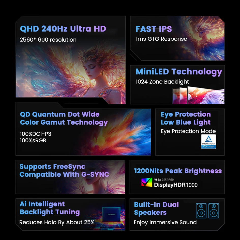 16인치 2.5K 240Hz 미니LED 휴대용 모니터 2560*1600P 1200니트 100%DCI-P3 HDR IPS 스크린 게이밍 디스플레이 (PC, Xbox, PS4/5, 스위치용)