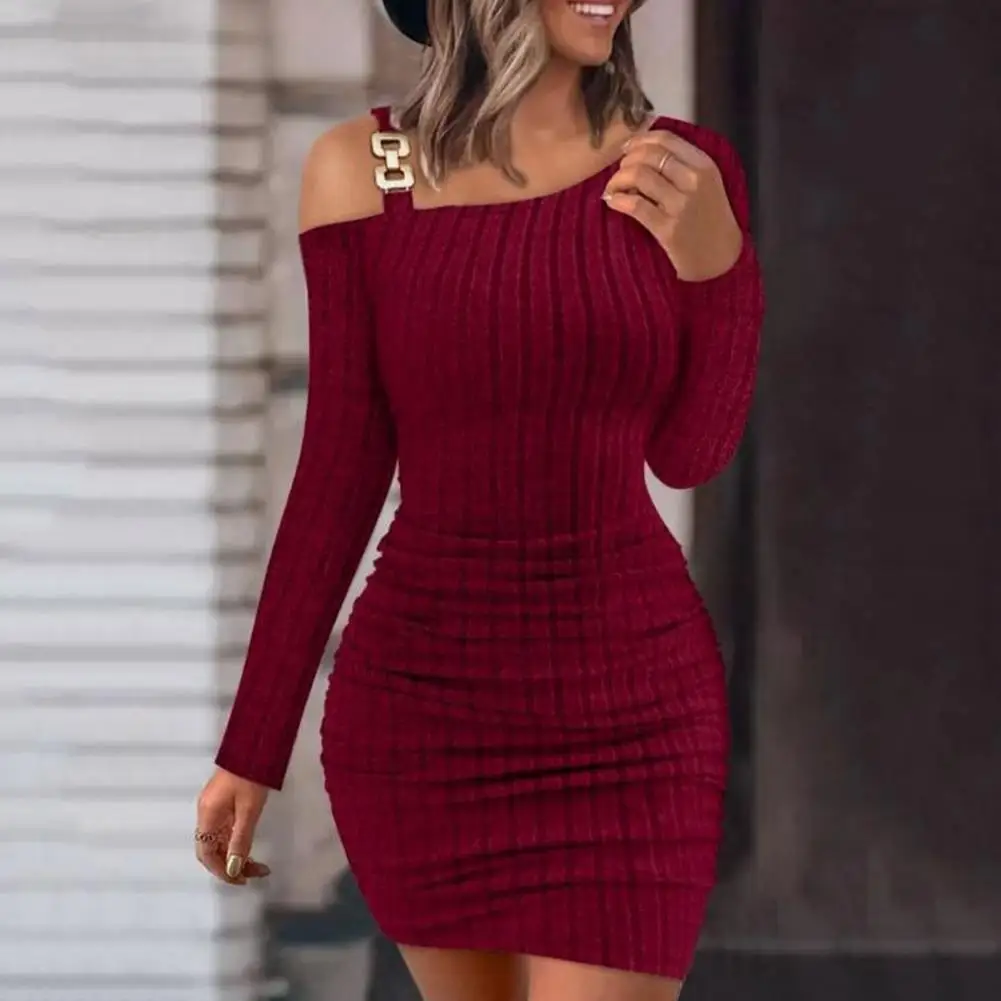 

Women Fall Spring Dress Knitted One Shoulder Skinny Elastic Oblique Neck Solid Color Tight Waist Anti-shrink Long Sleeve Mini Sh