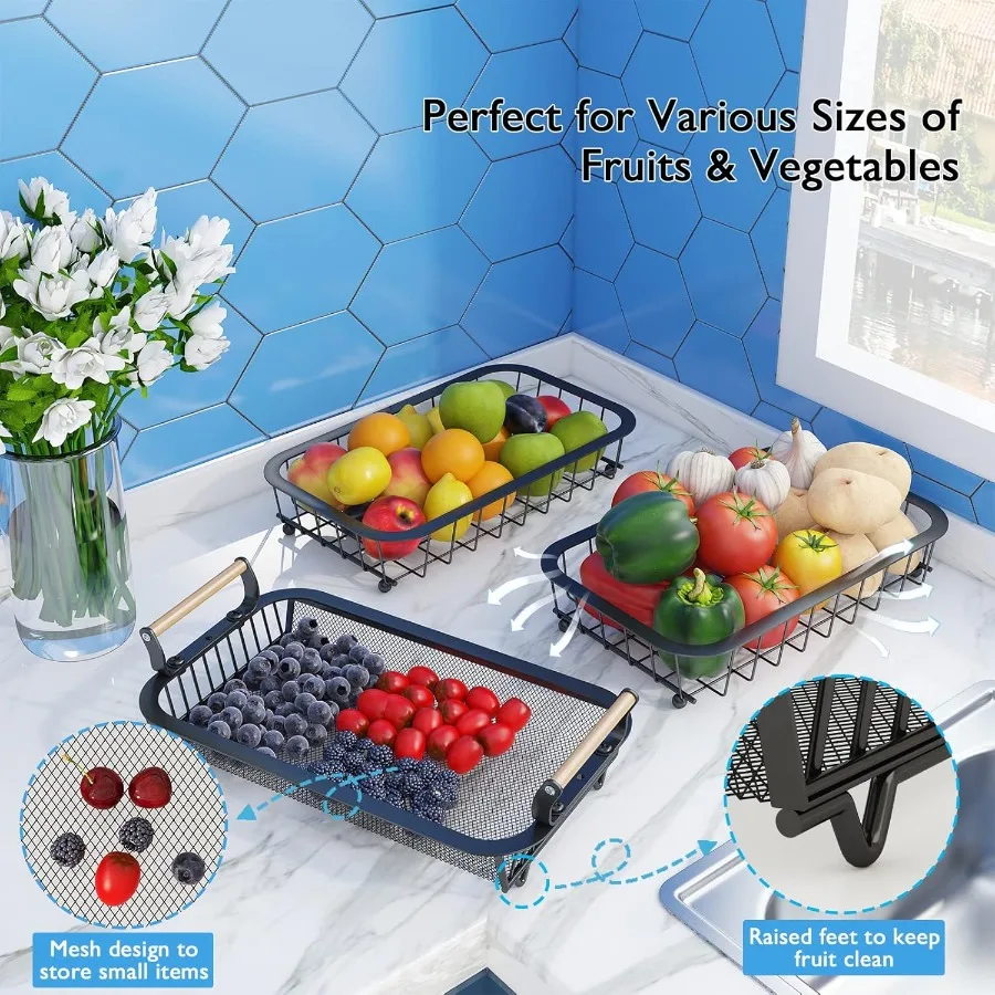 ANTOPY 3 Tier Fruit Basket with 2 Banana Hangers Countertop Fruit Vegetable Basket Bowl for Kitchen Counter Metal Mesh Basket F