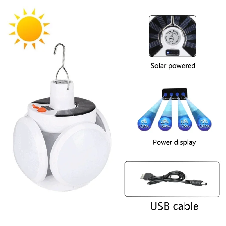 Waterproof LED Solar Bulb Lamps Portable Foldable Garden Lights USB Recharge Emergency Night Market Lights Outdoor Camping Light