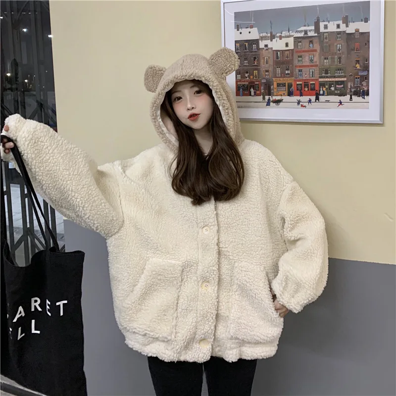 Faux Lamb Wool Cute Ears Hooded Cardigan Casual Jacket Women 2024 New Autumn and Winter Loose Long-sleeved Women's Clothing