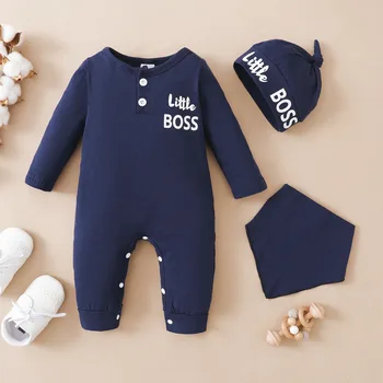 0-12 Months Newborn Baby Boy Bodysuit Toddler Baby Romper Long Sleeves Letter Print Jumpsuit+Hat Fashion Cute Style Daily Wear 1