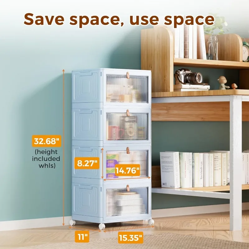4 Tier Stackable Plastic Storage Bins with Lid and Wheels - 23 QT Closet Organizers and Storage, Foldable Storage Containers 3