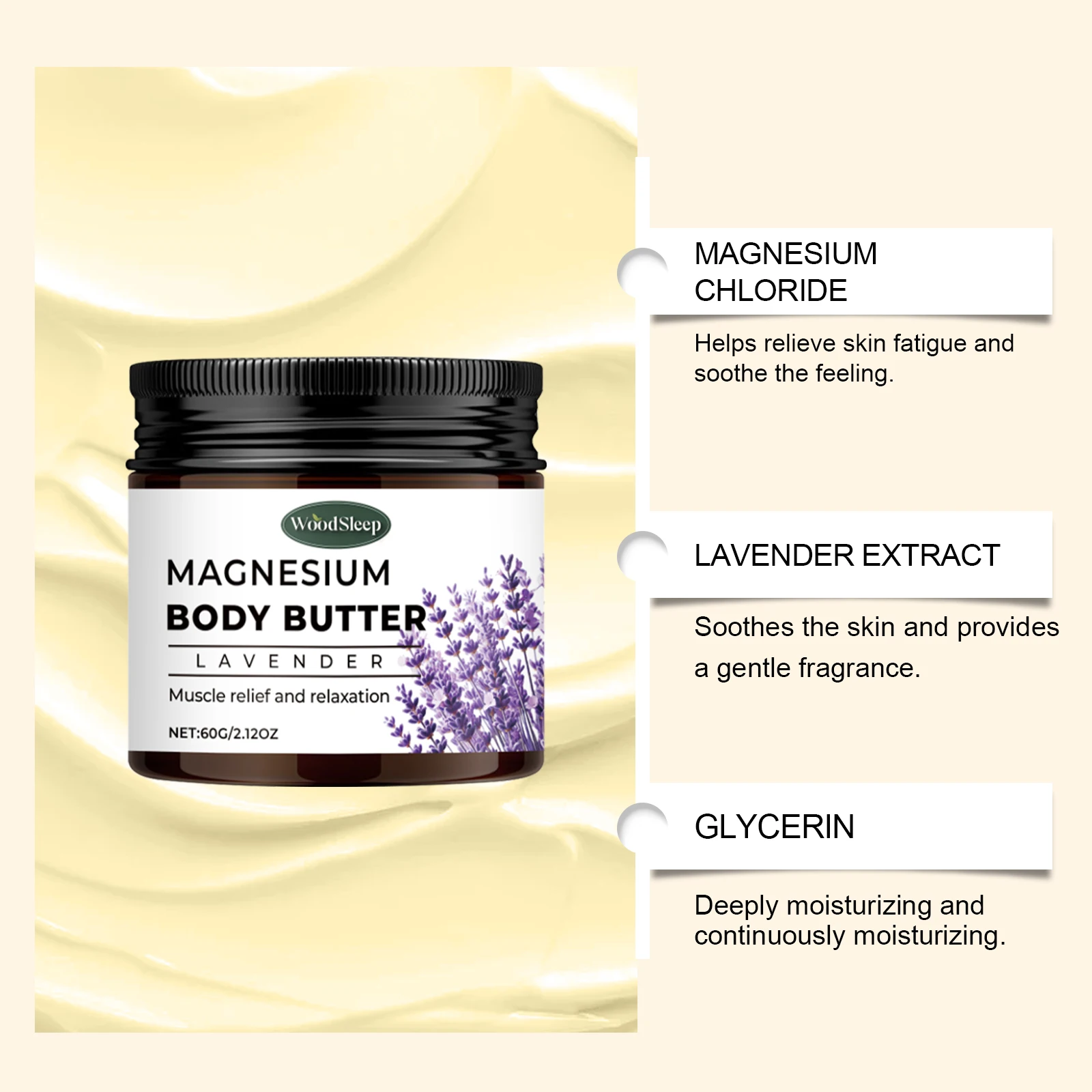 Lavender Magnesium Body Butter - a moisturizing cream suitable for dry skin, emitting a relaxing fragrance, mild and non-greasy.