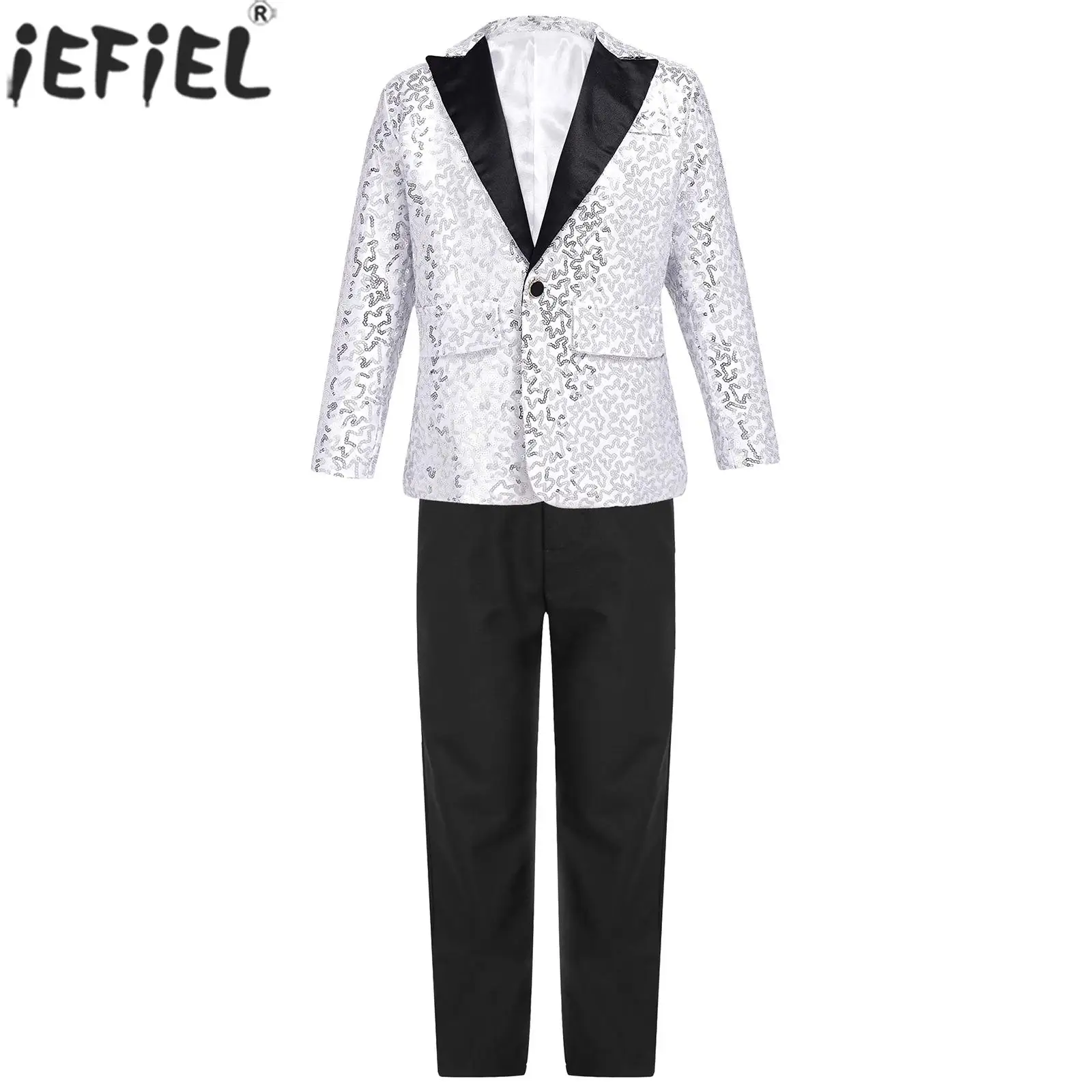 

Boys Wedding Birthday Party Gentleman Suit Long Sleeve Sequin Lapel Blazer Coat with Pants Choir Dance Stage Performance Costume