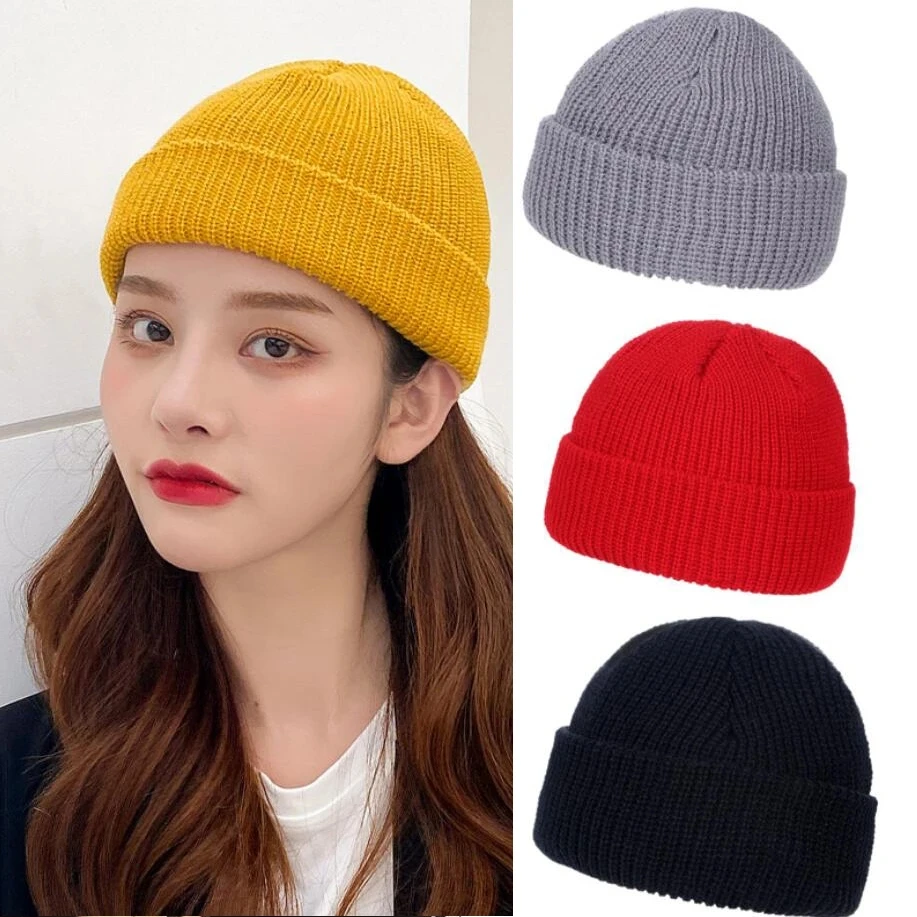 Unisex Retro Navy Solid Color Warm Knit Beanie with Roll-Up Edge