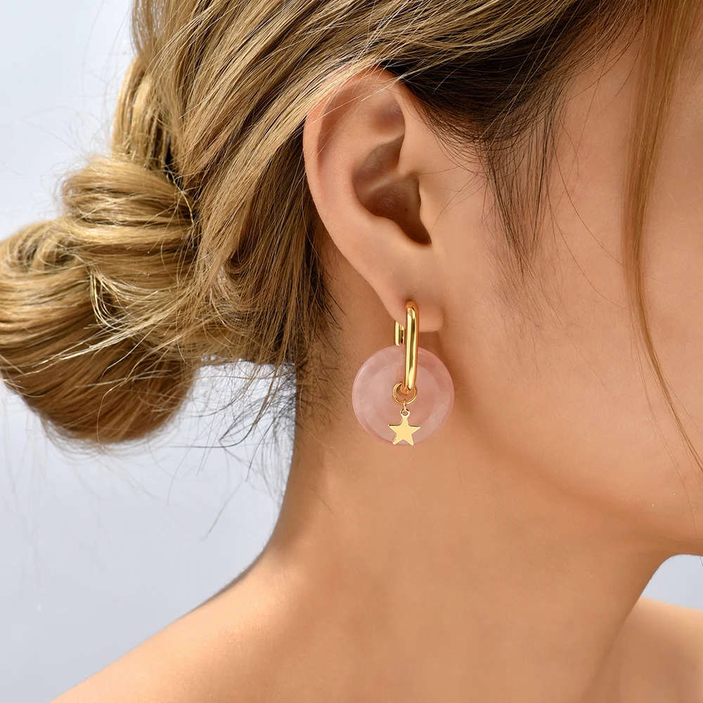 Boho Multicolor Natural Stone Star Heart Pendant Earrings Geometric Oval Hoop Huggies for Women Detachable Jewelry