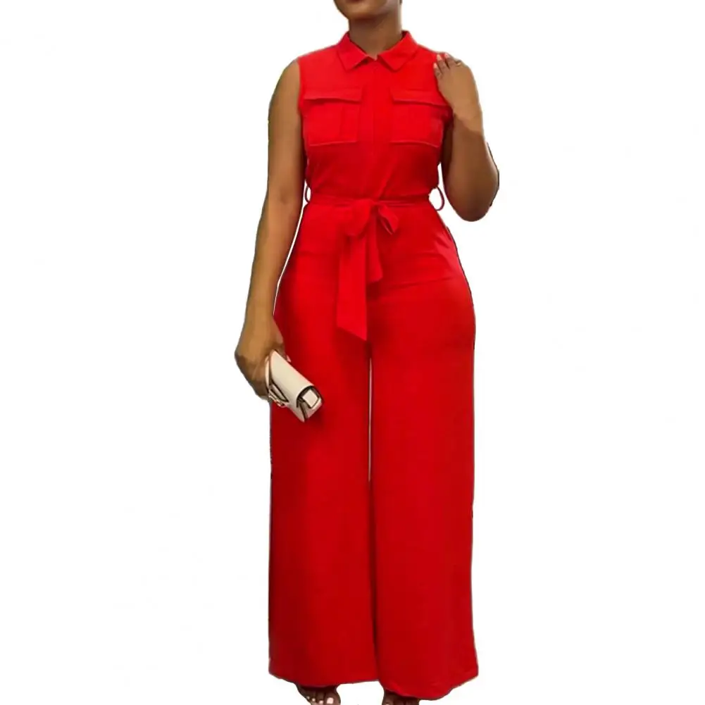 Lace-up Waist Jumpsuit Elegant Wide Leg Jumpsuit with Front Zipper Closure Belted High Waist Formal Business Style for Women