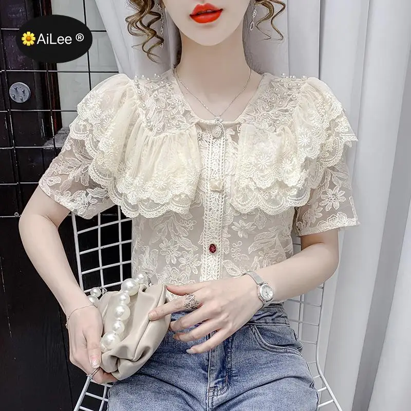 Summer Short Sleeve Elegant Shirts Tiered Peter Pan Collar White Lace Crochet Shirt Women Blouses Pearl Beaded Embroidery Tops