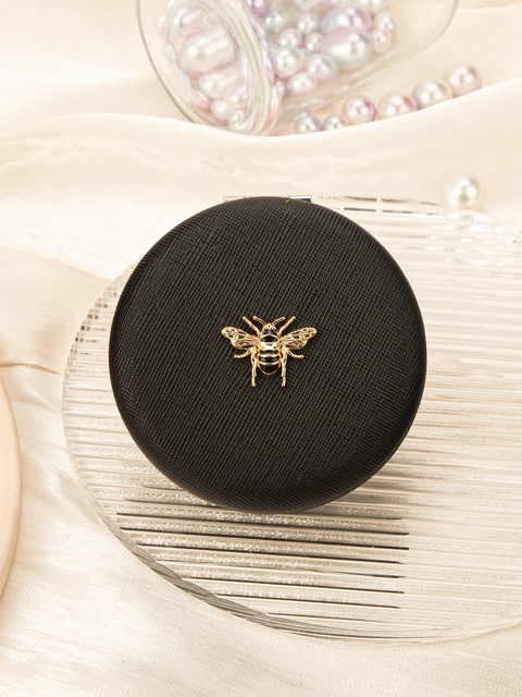 Miroir de maquillage en cuir double face avec équation dorée, rond, noir, rose, rose, rouge, 1 pièce Cadeau parfait pour les femmes, toutes les occasions 2