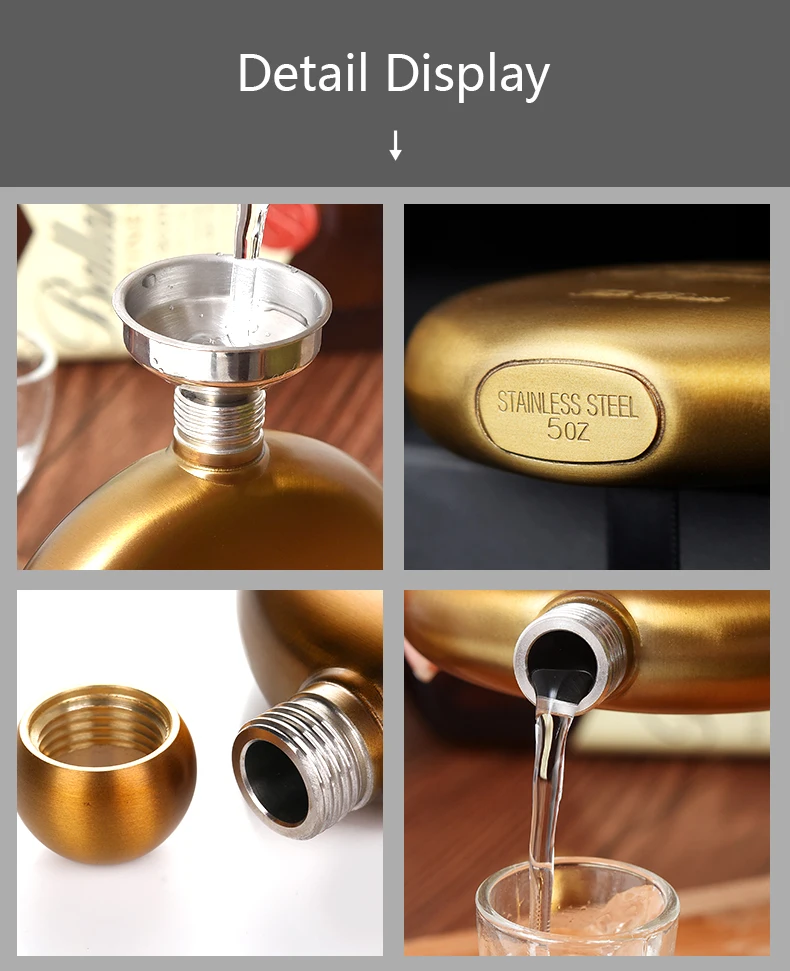 Description Picture 6 of item5oz high-end gold stainless steel round hip flask, stainless steel whiskey flagon, outdoor portable alcohol bottle with funnel