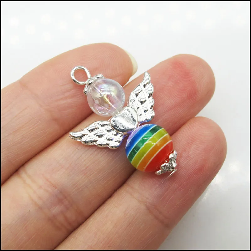 

10 новых круглых радужных Φ посеребренных крыльев, подвески с ангелом 22x30 мм