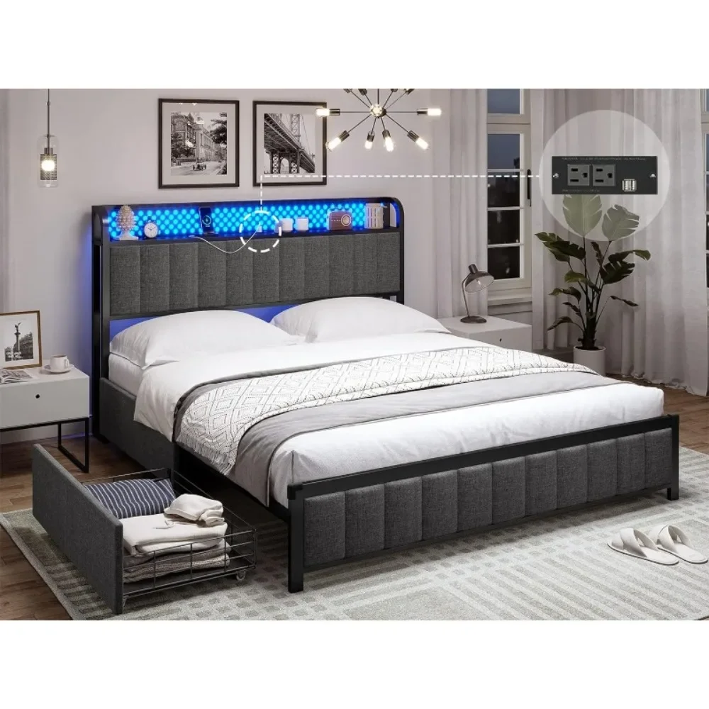 

Bed Frame with Storage Headboard and Outlets, Metal Platform with 4 Storage Drawers and Lights Headboard, Grey ﻿Bed Bases