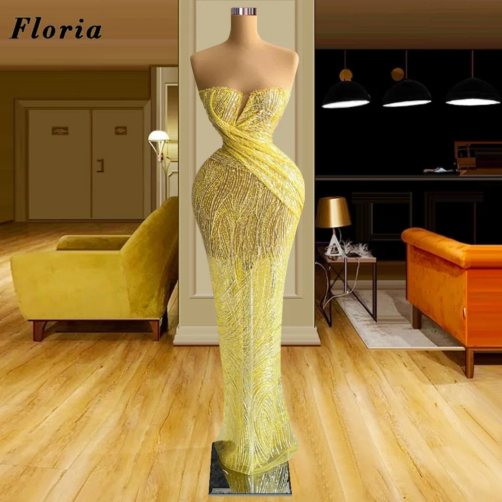 

Floria 2 Designs Yellow Sequins Evening Dresses Dubai Couture Long Prom Dress Luxury Mermaid Beads Party Gowns Vestido De Noche